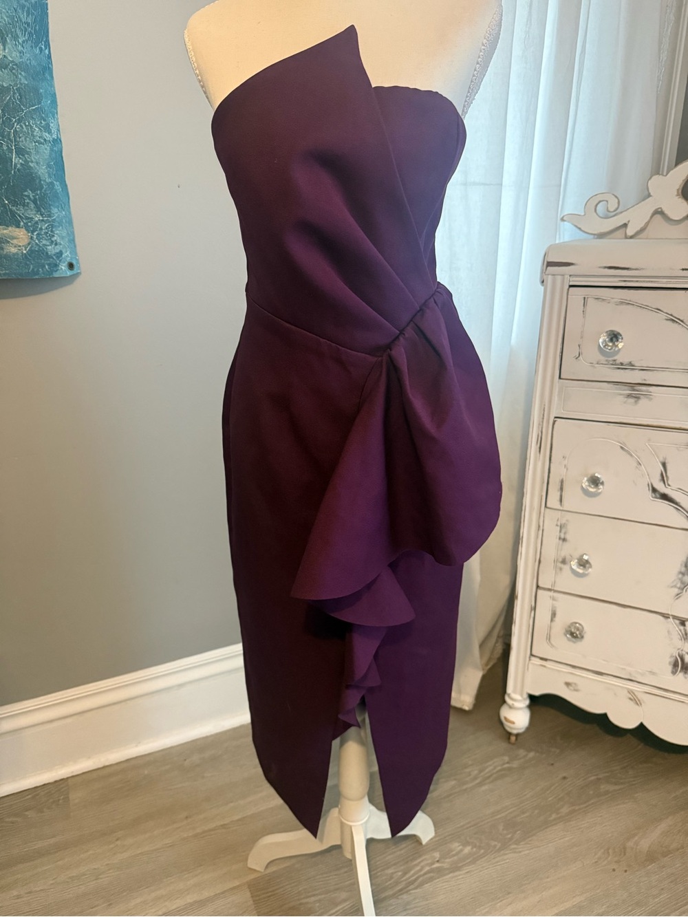 Elliatt Plum Dress EB2081903 Small Draped Ruffle One Shoulder Midi Small